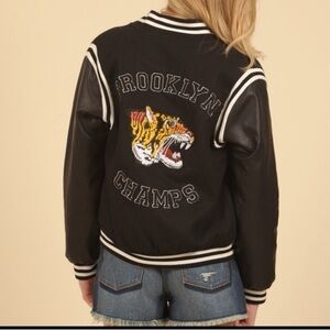 Vintage Havana Brooklyn Tiger Graphic Varsity Jacket with Faux Leather Sleeves